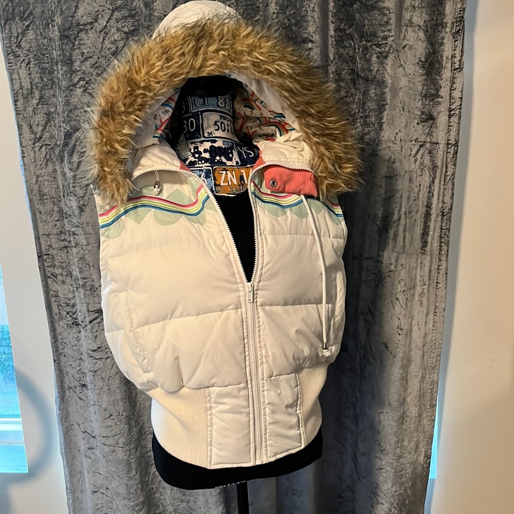 Heatherette puffy vest..white and rainbow..fur around hood is removable